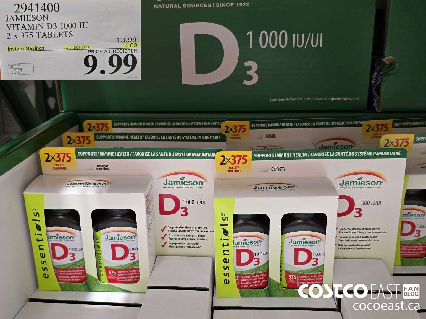 2941400 JAMIESON VITAMIN D3 1000 IU 2 X 375 TABLETS ($4.00 INSTANT SAVINGS EXPIRES ON 2024-10-27) $9.99