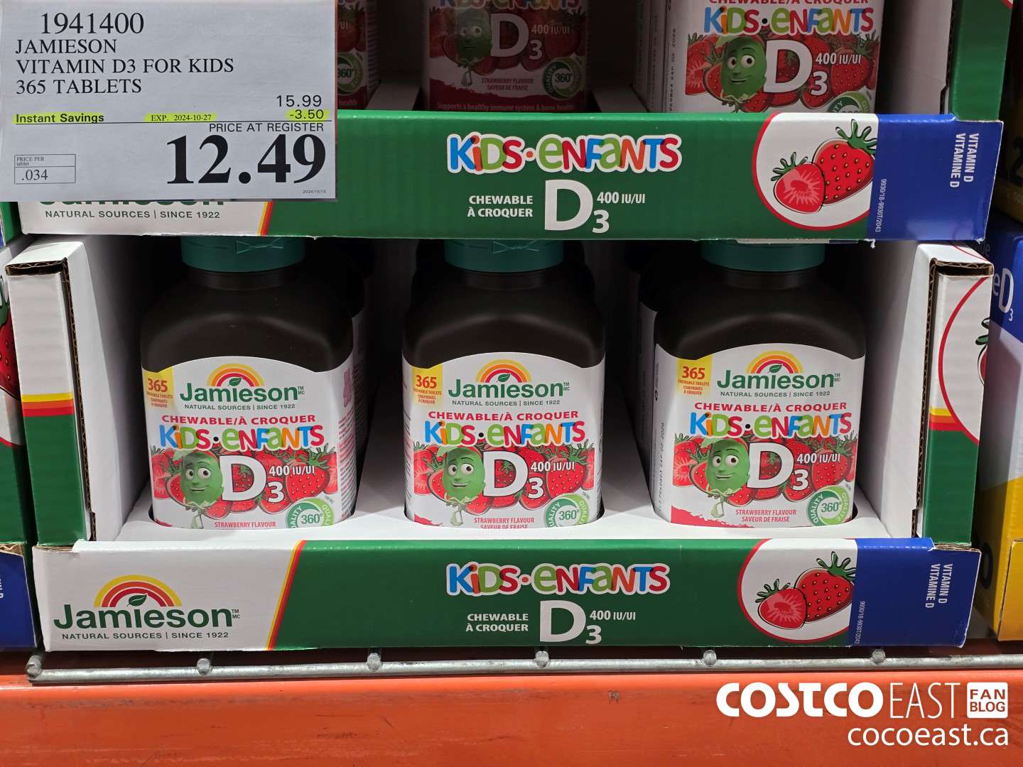 1941400 JAMIESON VITAMIN D3 FOR KIDS 365 TABLETS ($3.50 INSTANT SAVINGS EXPIRES ON 2024-10-27) $12.49