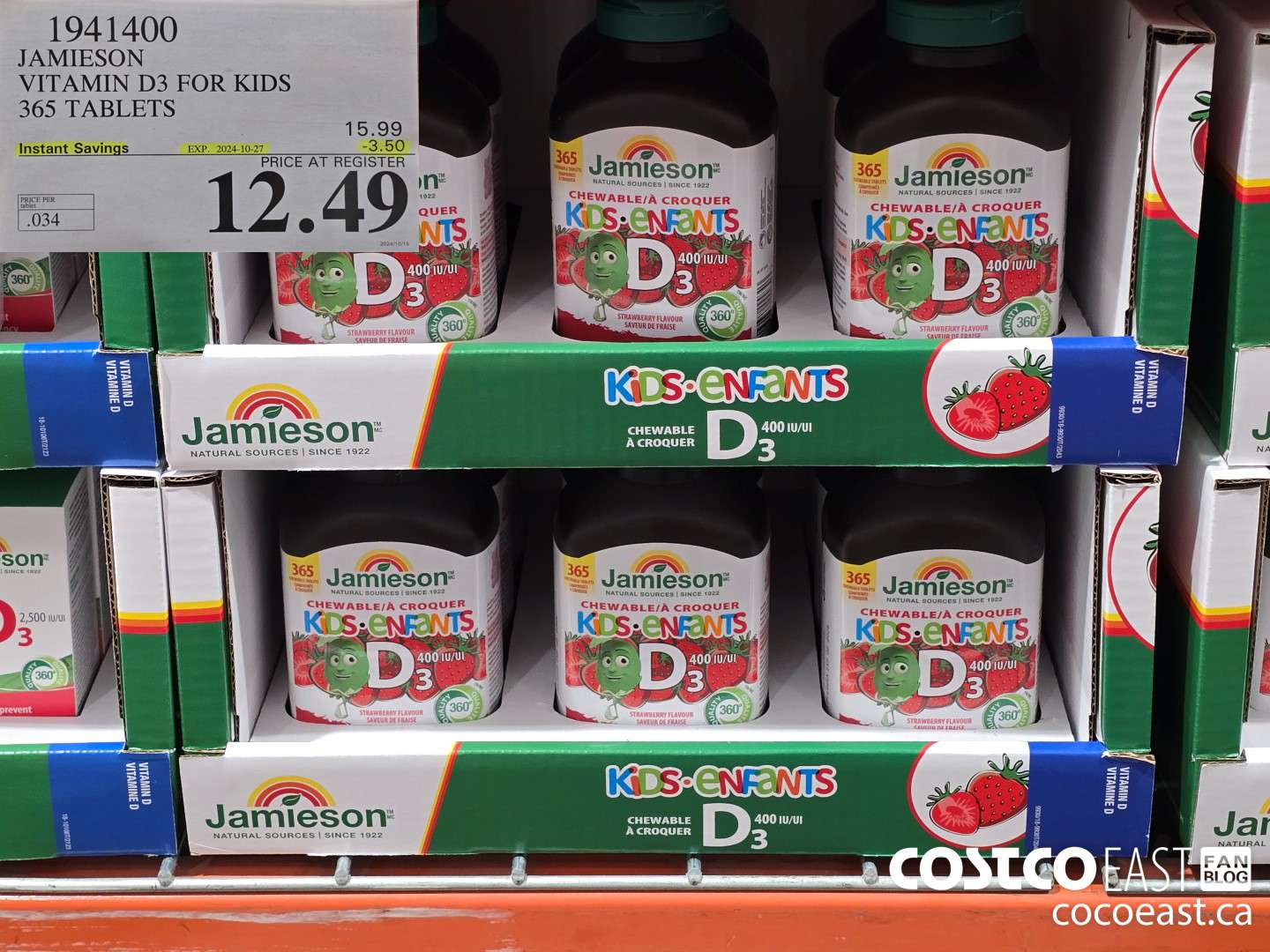 1941400 JAMIESON VITAMIN D3 FOR KIDS 365 TABLETS ($3.50 INSTANT SAVINGS EXPIRES ON 2024-10-27) $12.49