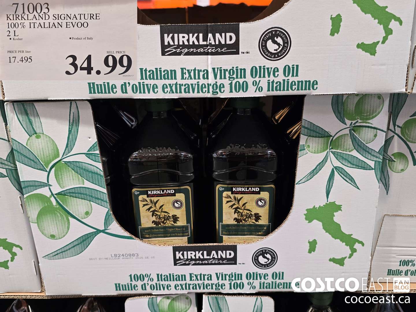 71003 KIRKLAND SIGNATURE 100% ITALIAN EVOO 2L $34.99