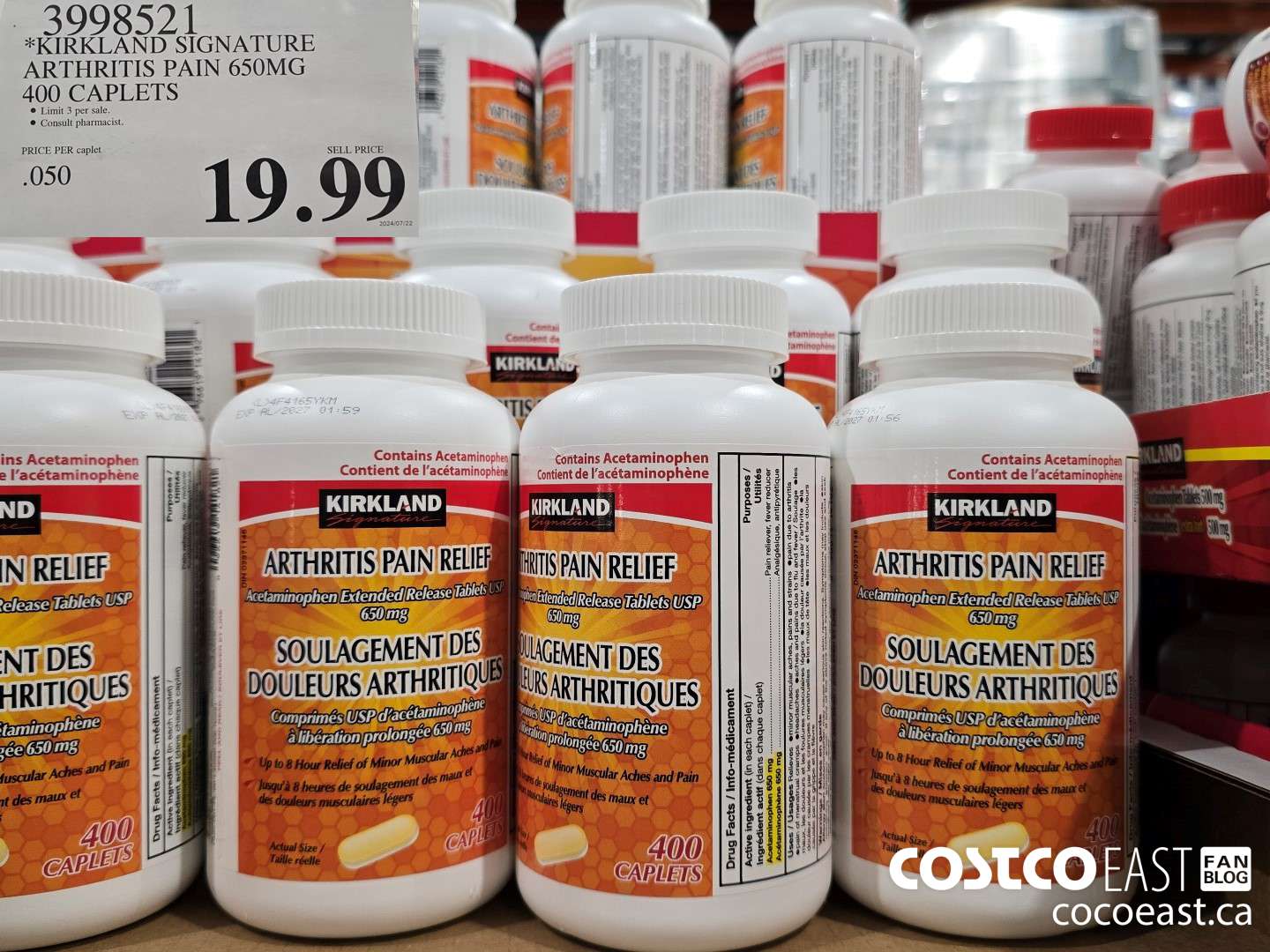 3998521 KIRKLAND SIGNATURE ARTHRITIS PAIN 650MG 400 CAPLETS $19.99