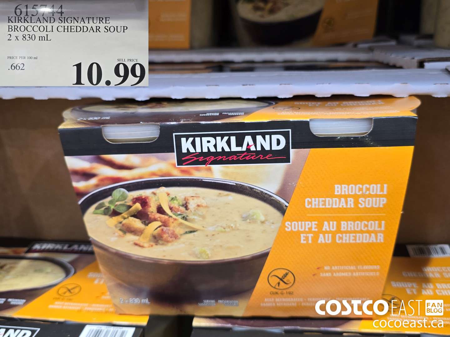615744 KIRKLAND SIGNATURE BROCCOLI CHEDDAR SOUP 2 x 830 mL $10.99