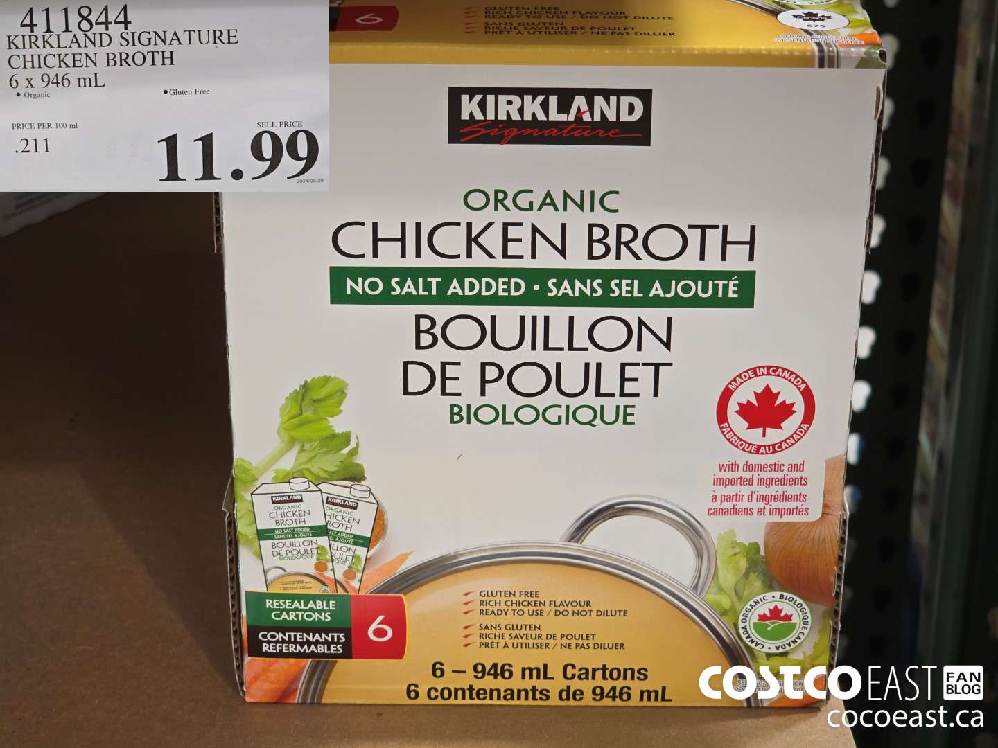 411844 KIRKLAND SIGNATURE CHICKEN BROTH 6 X 946 ML $11.99