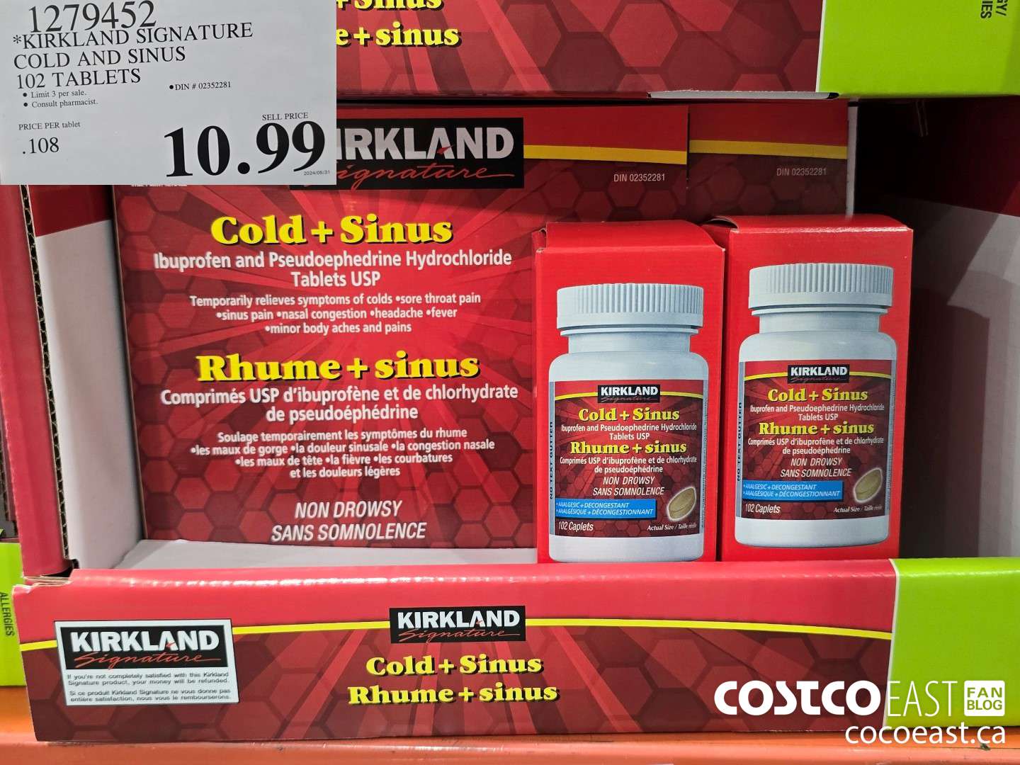 1279452 KIRKLAND SIGNATURE COLD AND SINUS 102 CAPLETS $10.99