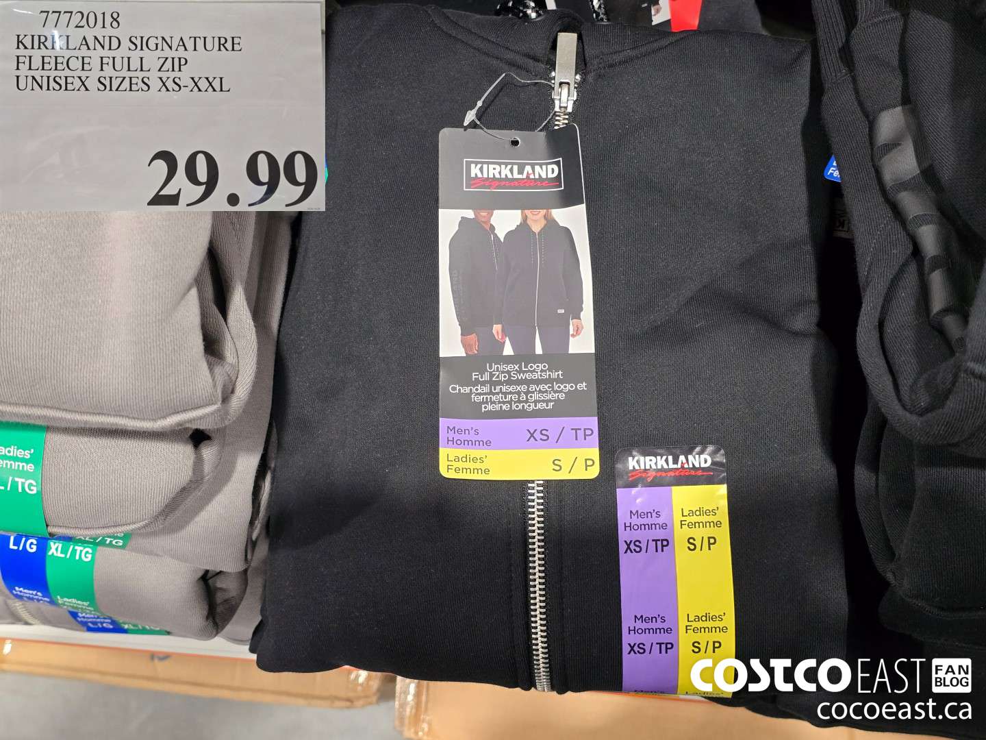 7772018 KIRKLAND SIGNATURE FLEECE FULL ZIP UNISEX SIZES XS-XXL $29.99