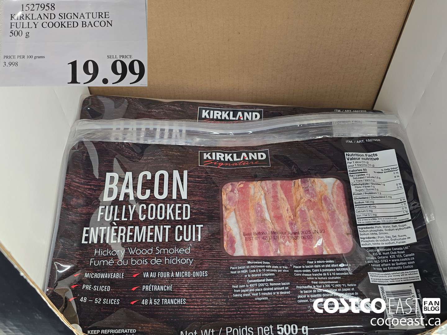 1527958 KIRKLAND SIGNATURE FULLY COOKED BACON 500 G $19.99