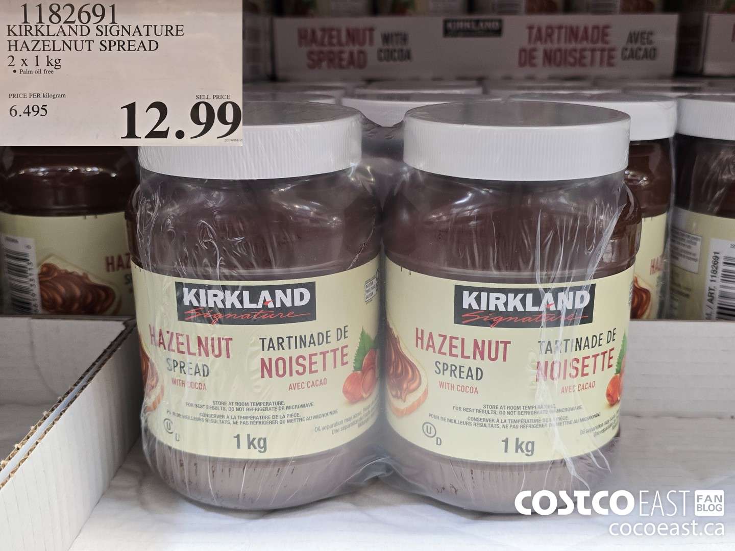 1182691 KIRKLAND SIGNATURE HAZELNUT SPREAD 2 X 1 KG $12.99