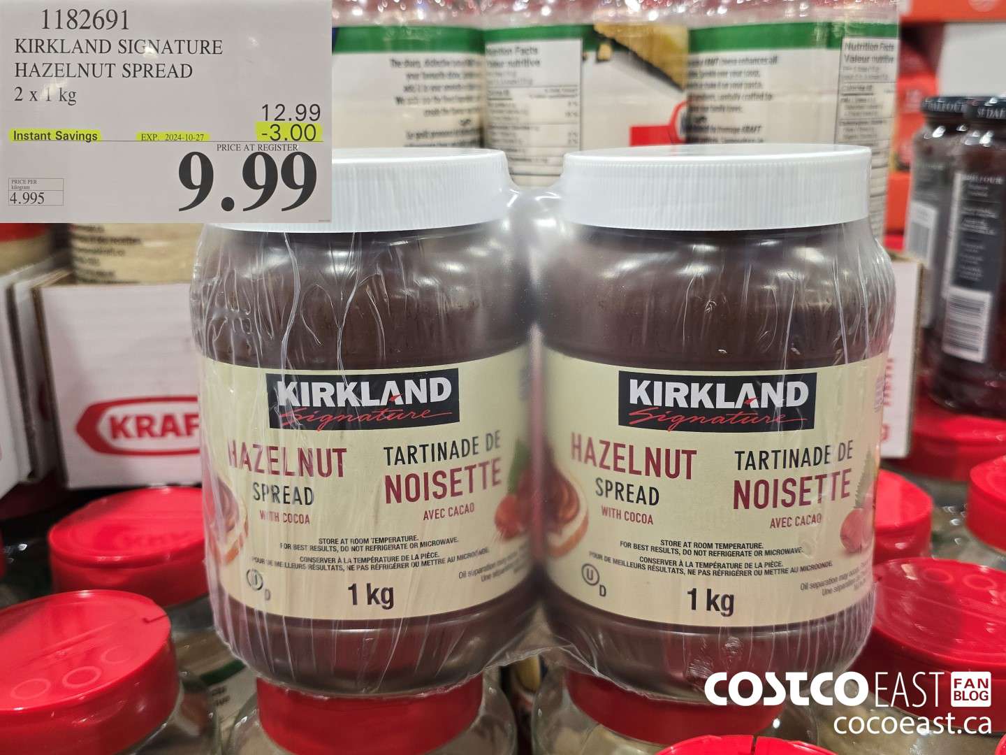 1182691 KIRKLAND SIGNATURE HAZELNUT SPREAD 2 X 1 KG ($3.00 INSTANT SAVINGS EXPIRES ON 2024-10-27) $9.99