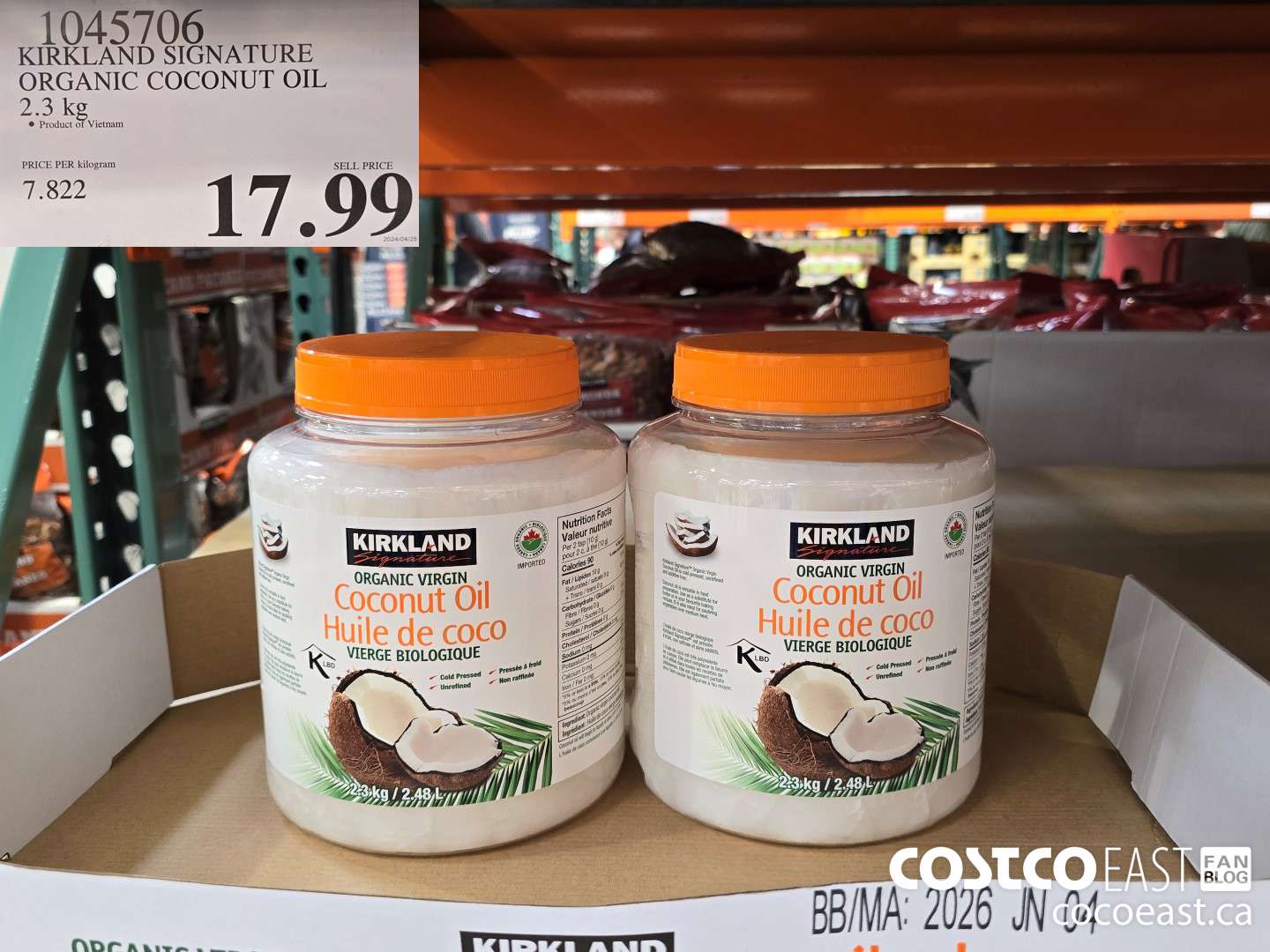 1045706 KIRKLAND SIGNATURE ORGANIC COCONUT OIL 2.3 KG $17.99