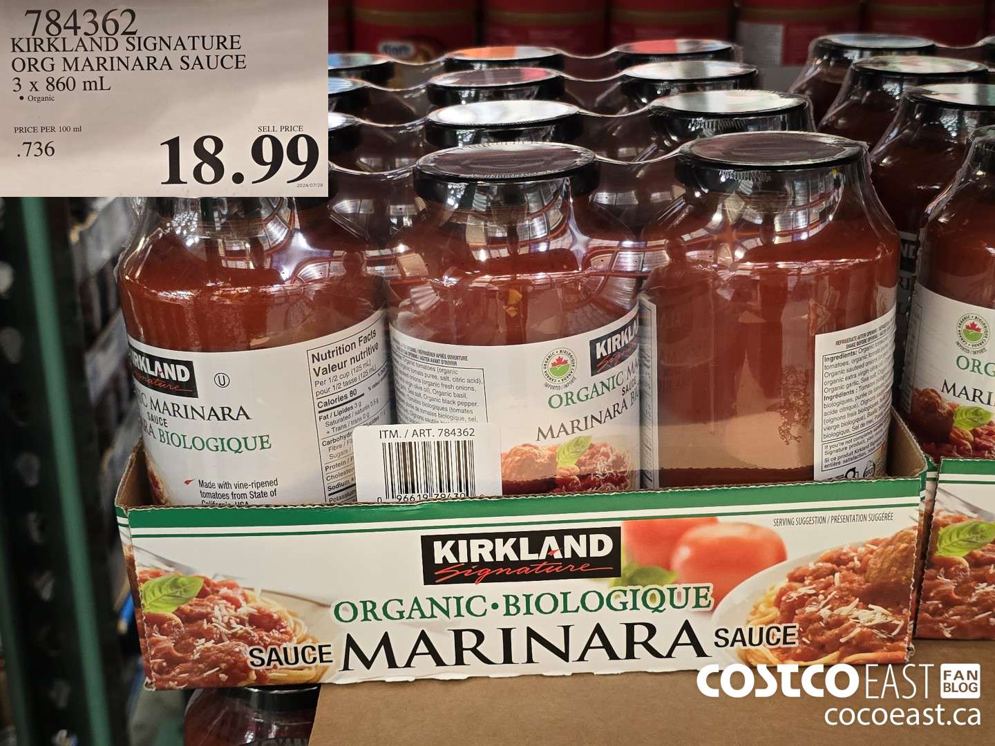 784362 KIRKLAND SIGNATURE ORG MARINARA SAUCE 3 x 860 mL $18.99