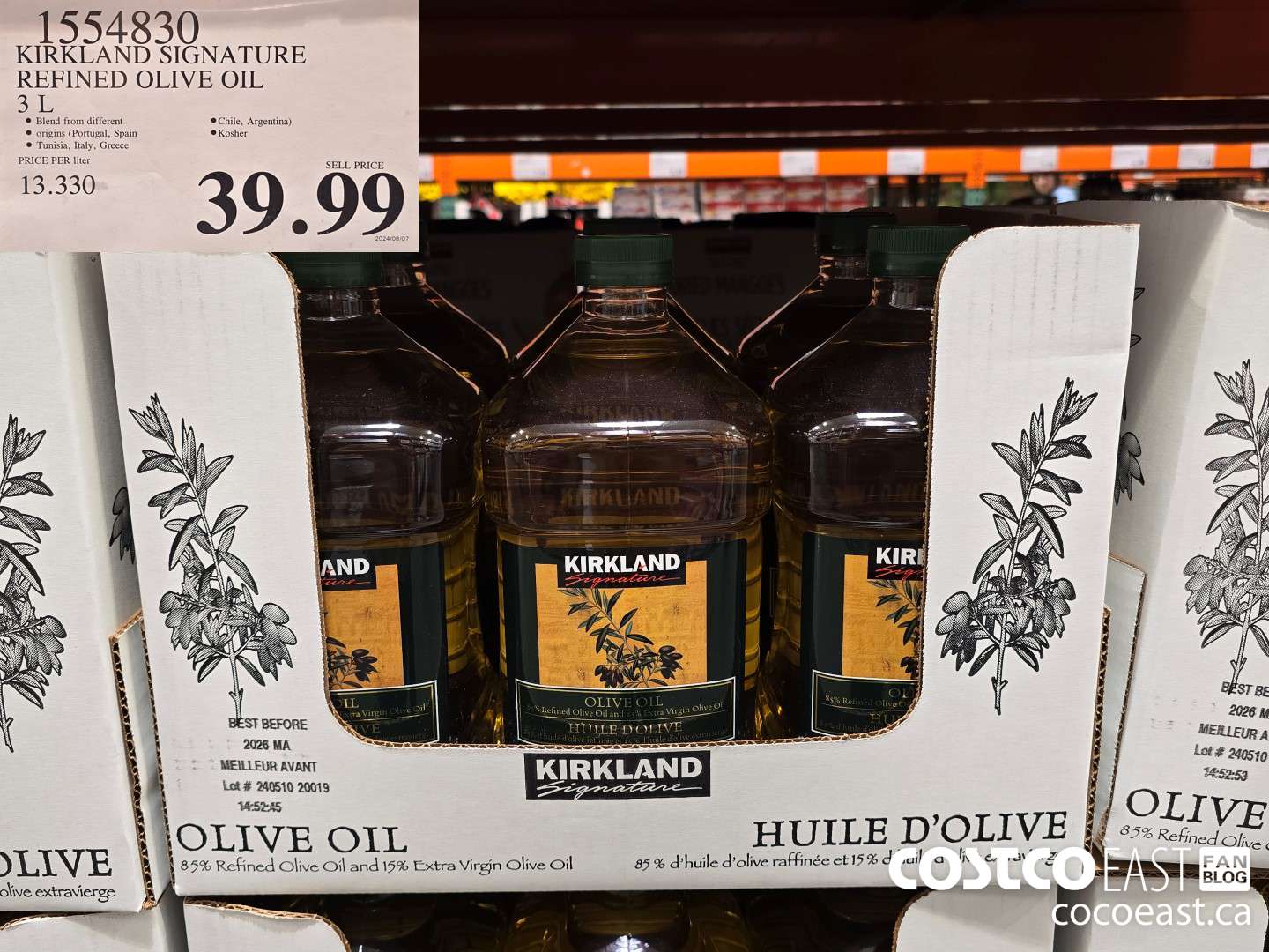 1554830 KIRKLAND SIGNATURE REFINED OLIVE OIL 3L $39.99