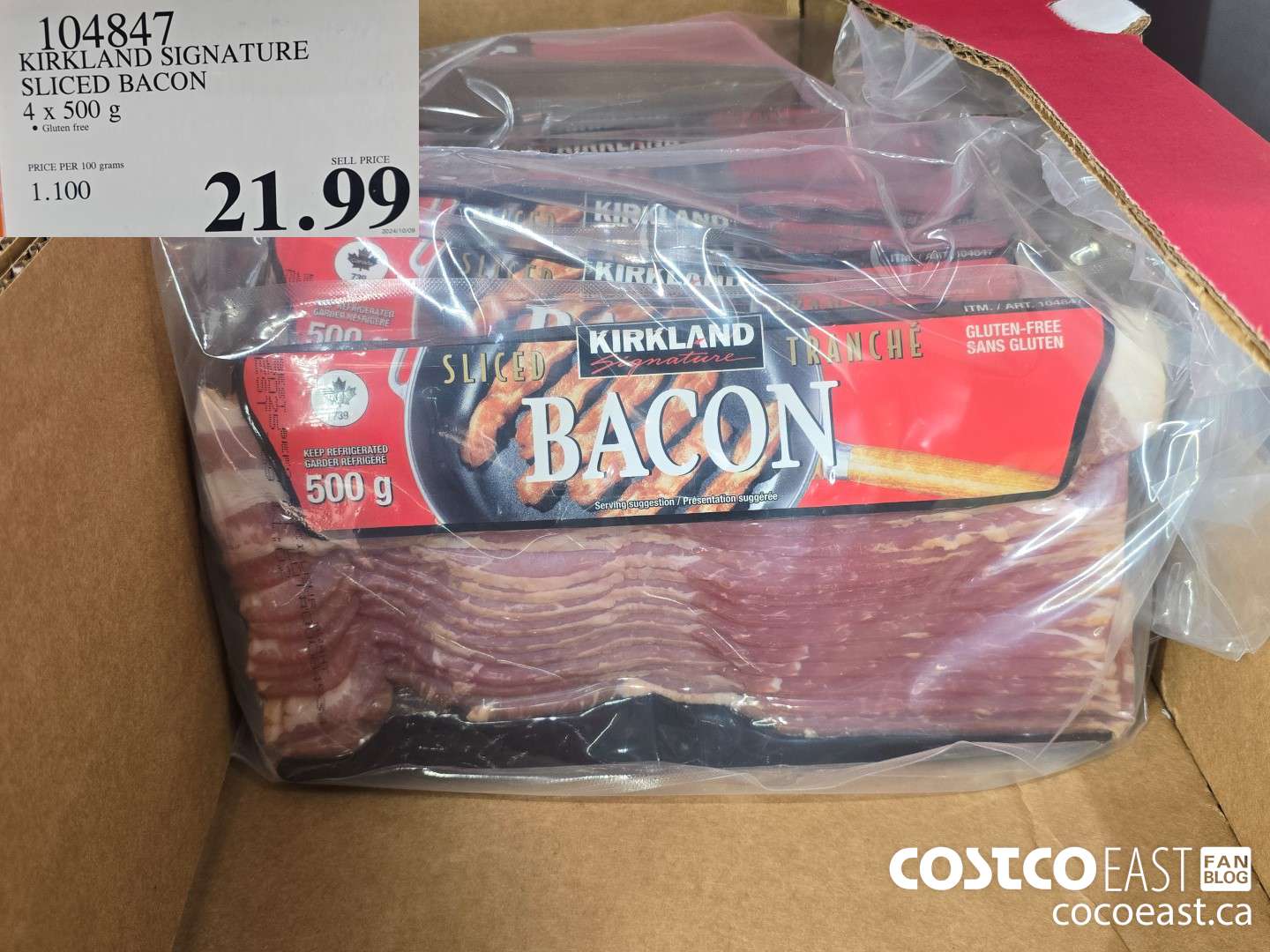 104847 KIRKLAND SIGNATURE SLICED BACON 4 X 500 G $21.99