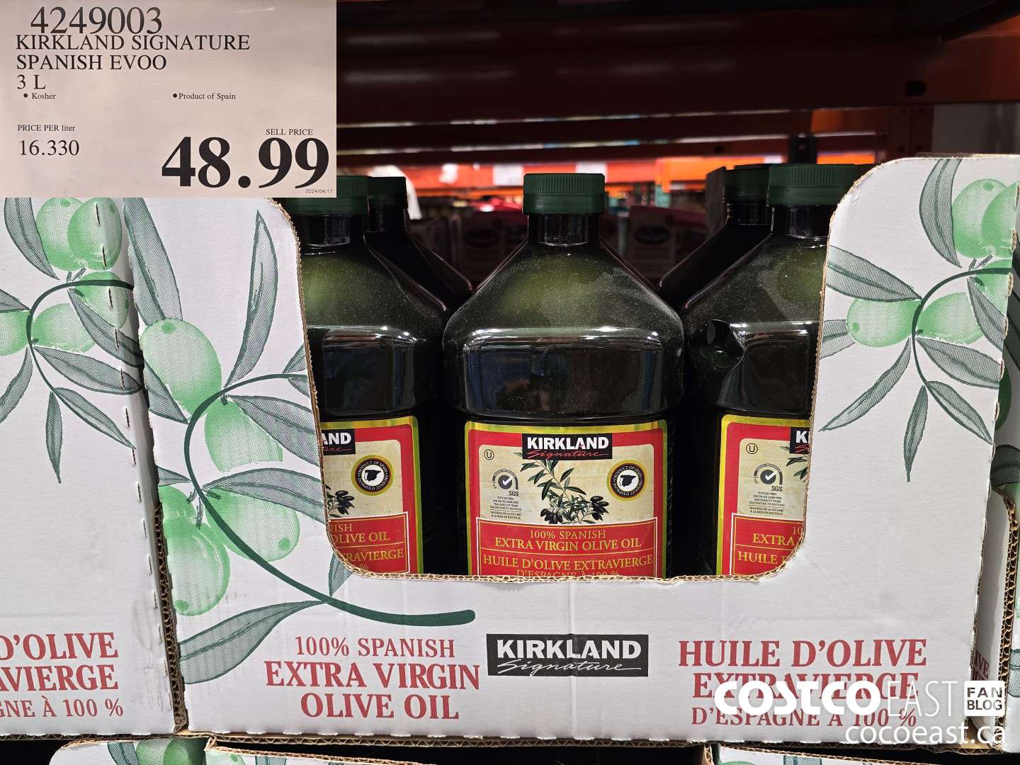 4249003 KIRKLAND SIGNATURE SPANISH EVOO 3 L $48.99