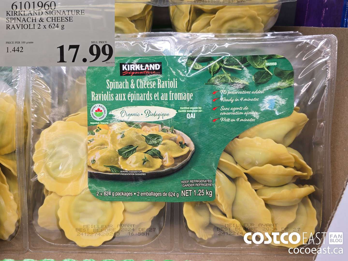 6101960 KIRKLAND SIGNATURE SPINACH & CHEESE RAVIOLI 2 x 624 G $17.99