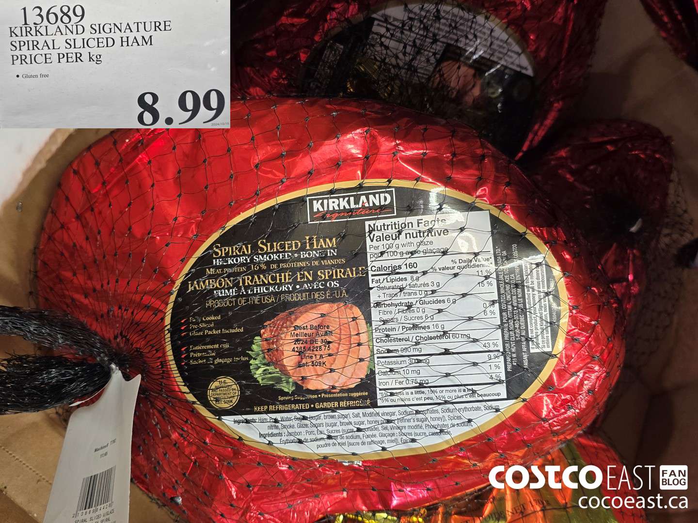 13689 KIRKLAND SIGNATURE SPIRAL SLICED HAM PRICE PER KG $8.99