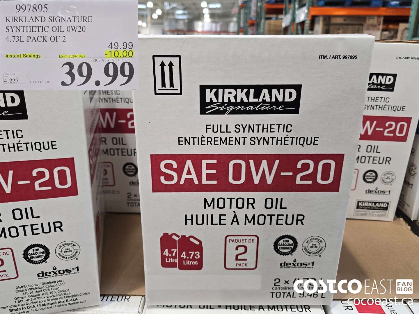 997895 KIRKLAND SIGNATURE SYNTHETIC OIL 0W20 4.73L PACK OF 2 ($10.00 INSTANT SAVINGS EXPIRES ON 2024-10-27) $39.99