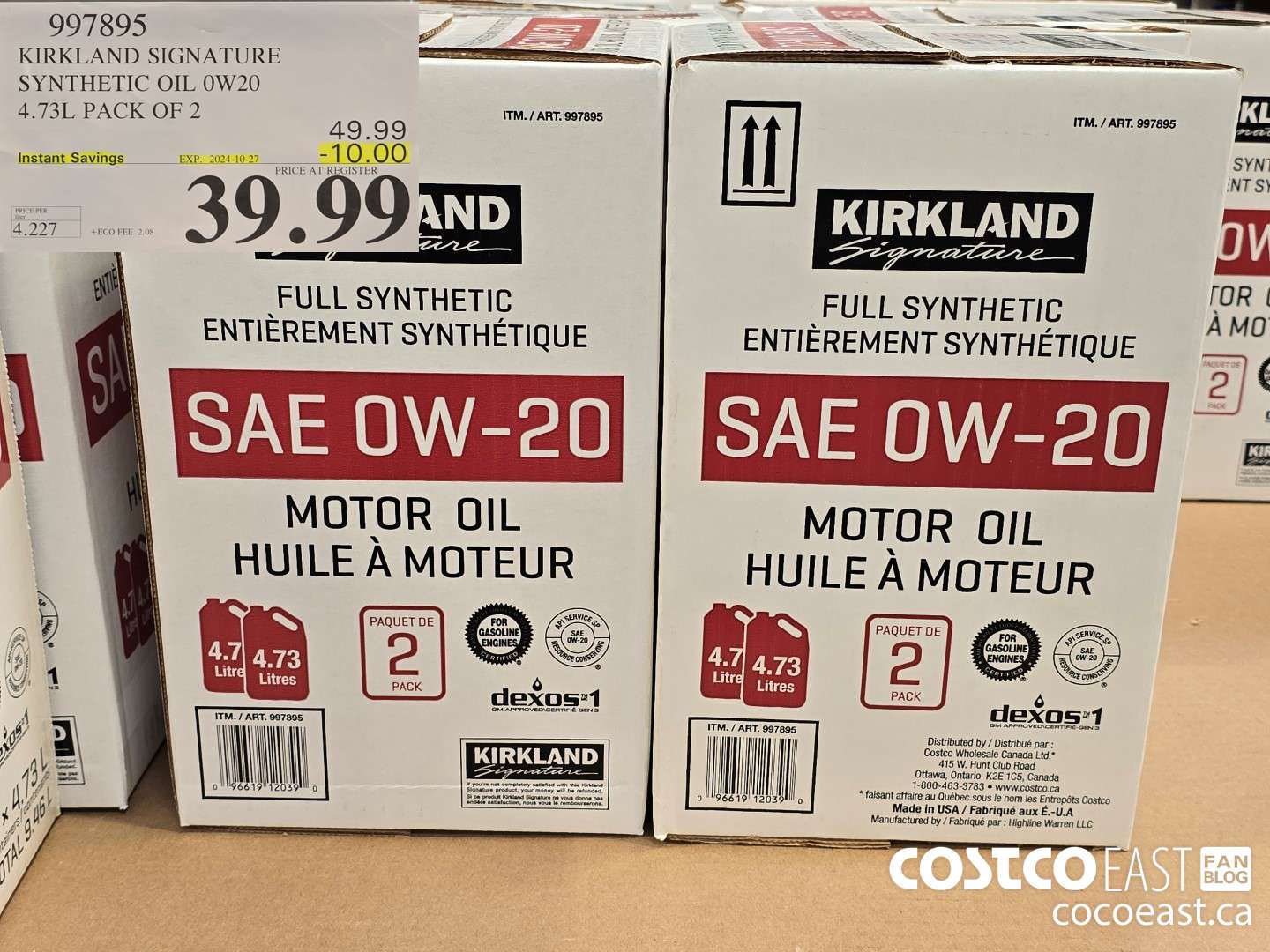 997895 KIRKLAND SIGNATURE SYNTHETIC OIL 0W20 4.73L PACK OF 2 ($10.00 INSTANT SAVINGS EXPIRES ON 2024-10-27) $39.99
