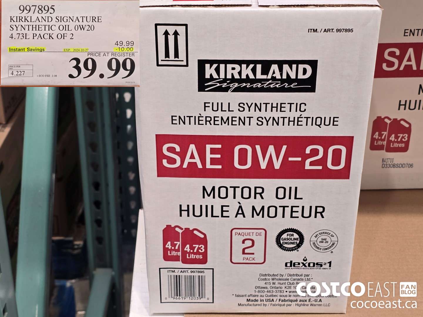 997895 KIRKLAND SIGNATURE SYNTHETIC OIL 0W20 4.73L PACK OF 2 ($10.00 INSTANT SAVINGS EXPIRES ON 2024-10-27) $39.99