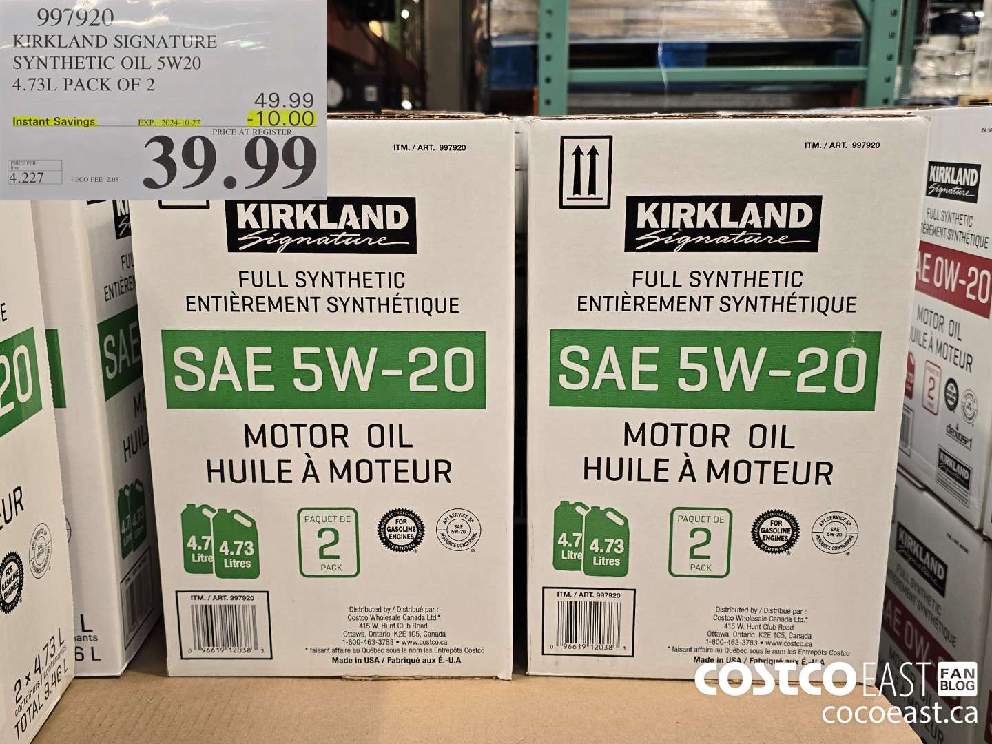 997920 KIRKLAND SIGNATURE SYNTHETIC OIL 5W20 4.73L PACK OF 2 ($10.00 INSTANT SAVINGS EXPIRES ON 2024-10-27) $39.99