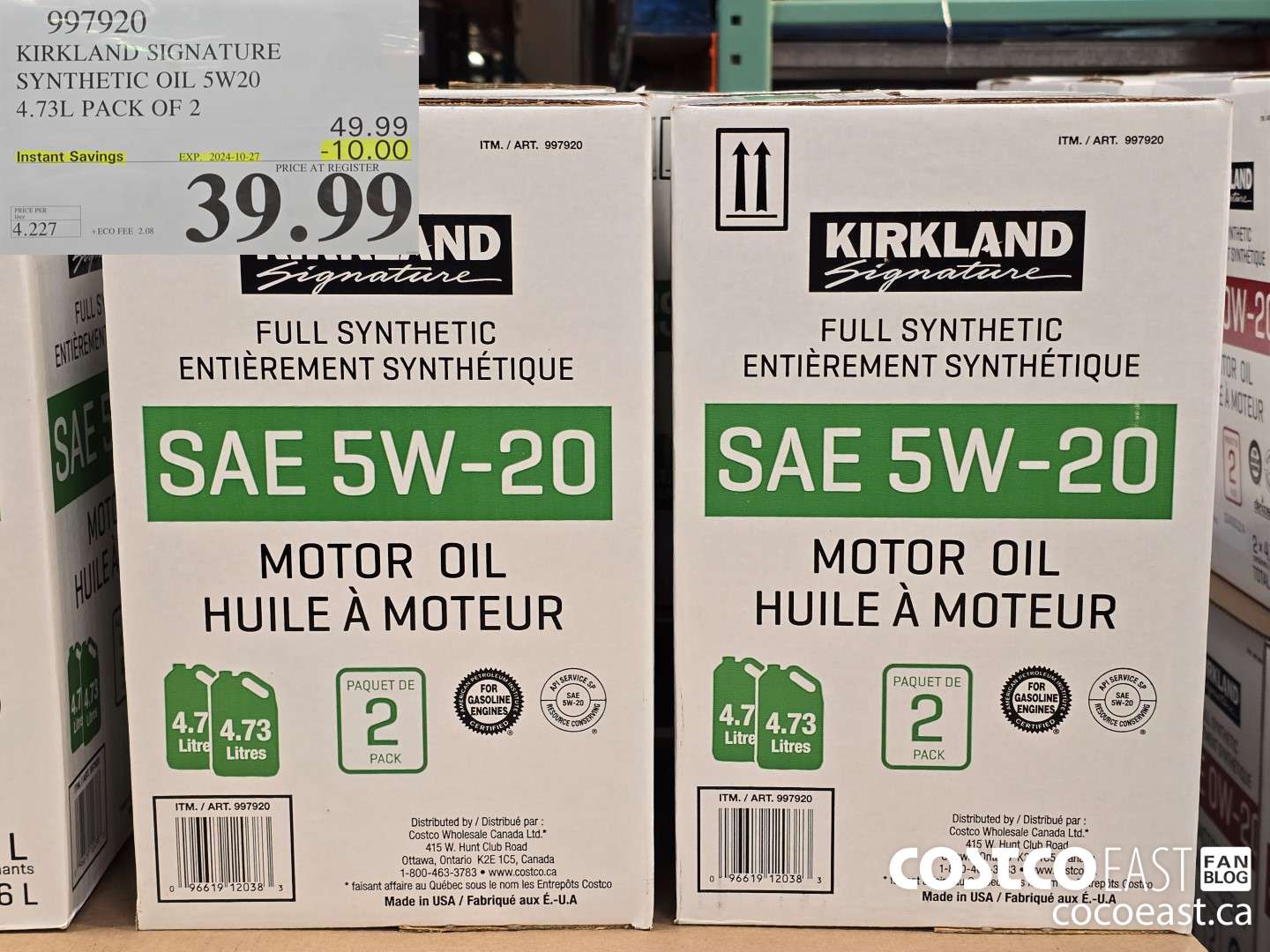997920 KIRKLAND SIGNATURE SYNTHETIC OIL 5W20 4.73L PACK OF 2 ($10.00 INSTANT SAVINGS EXPIRES ON 2024-10-27) $39.99