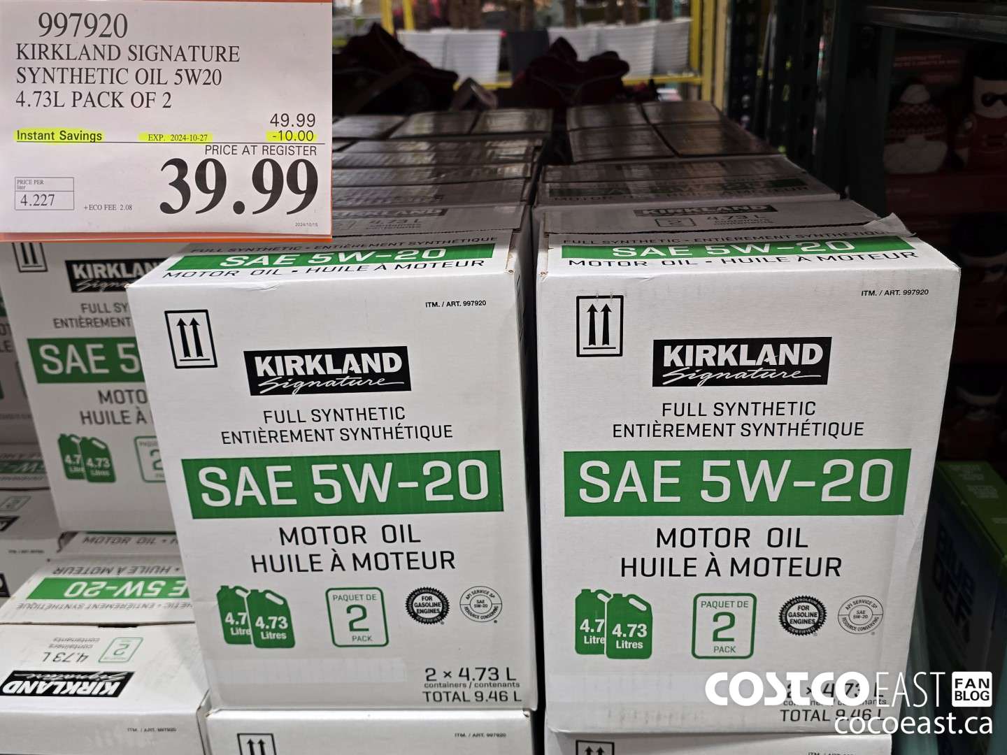 997920 KIRKLAND SIGNATURE SYNTHETIC OIL 5W20 4.73L PACK OF 2 ($10.00 INSTANT SAVINGS EXPIRES ON 2024-10-27) $39.99