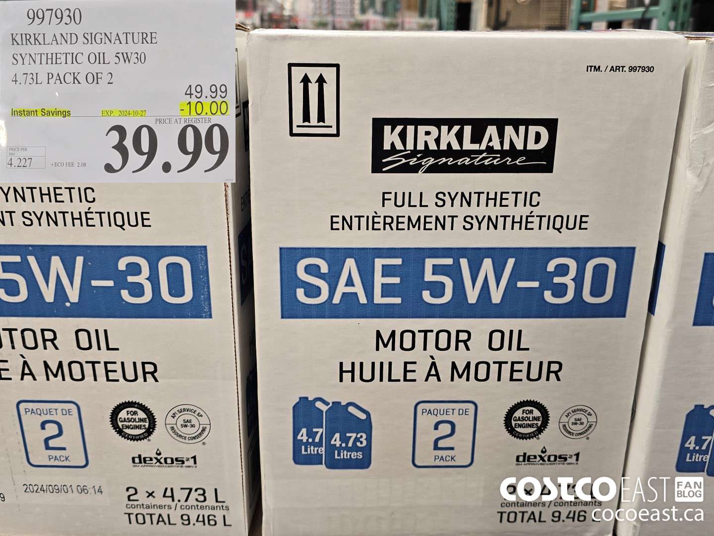 997930 KIRKLAND SIGNATURE SYNTHETIC OIL 5W-30 4.73L PACK OF 2 ($10.00 INSTANT SAVINGS EXPIRES ON 2024-10-27) $39.99