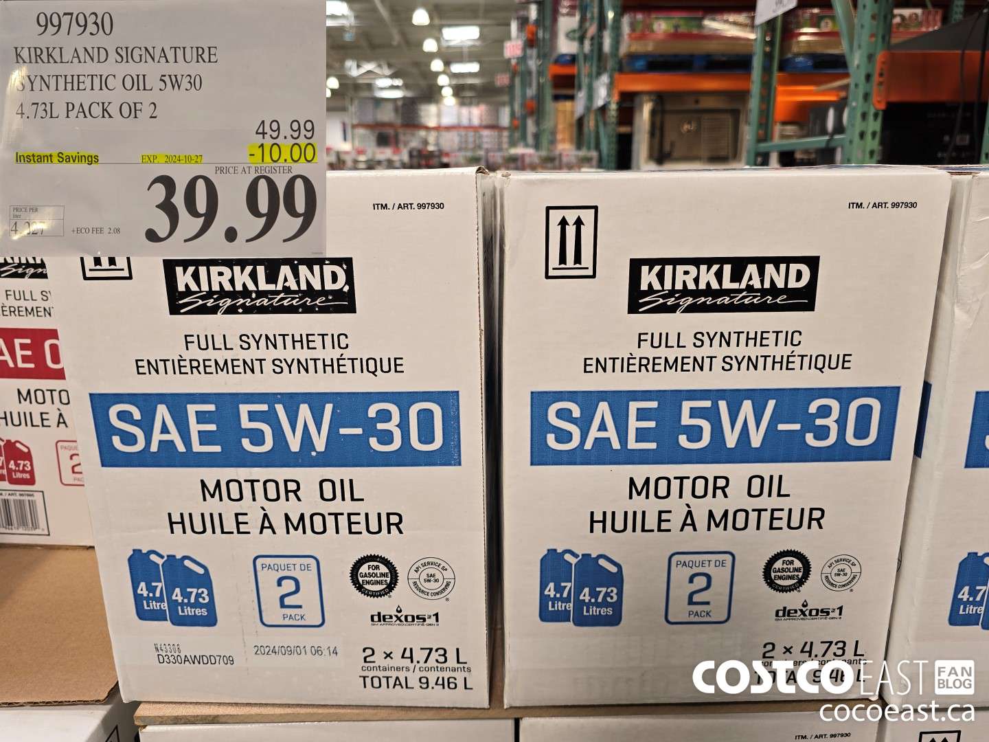 997930 KIRKLAND SIGNATURE SYNTHETIC OIL 5W-30 4.73L PACK OF 2 ($10.00 INSTANT SAVINGS EXPIRES ON 2024-10-27) $39.99