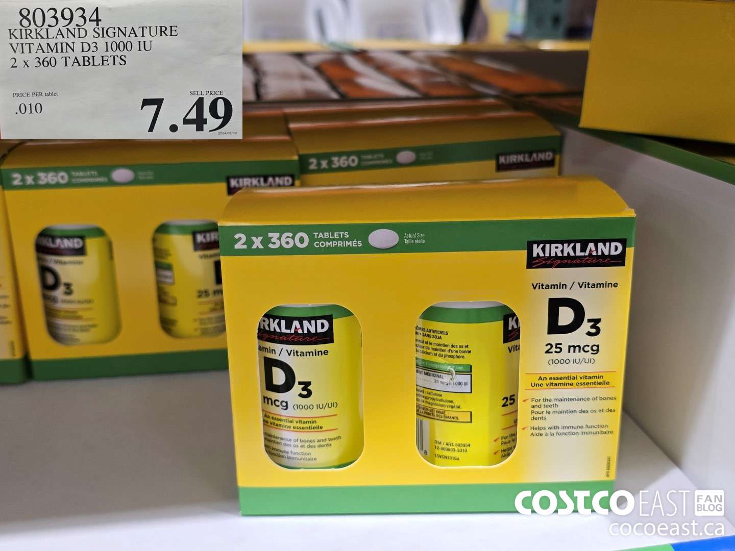 803934 KIRKLAND SIGNATURE VITAMIN D3 1000 IU 2 X 360 TABLETS $7.49