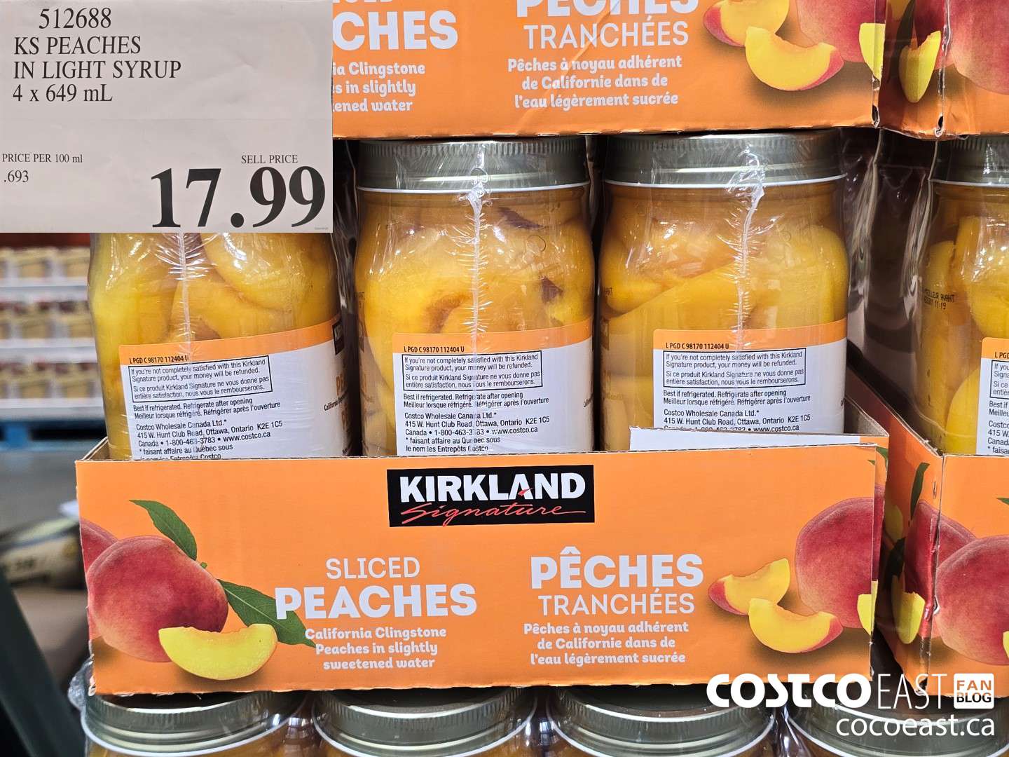 512688 KS PEACHES IN LIGHT SYRUP 4 X 649 ML $17.99