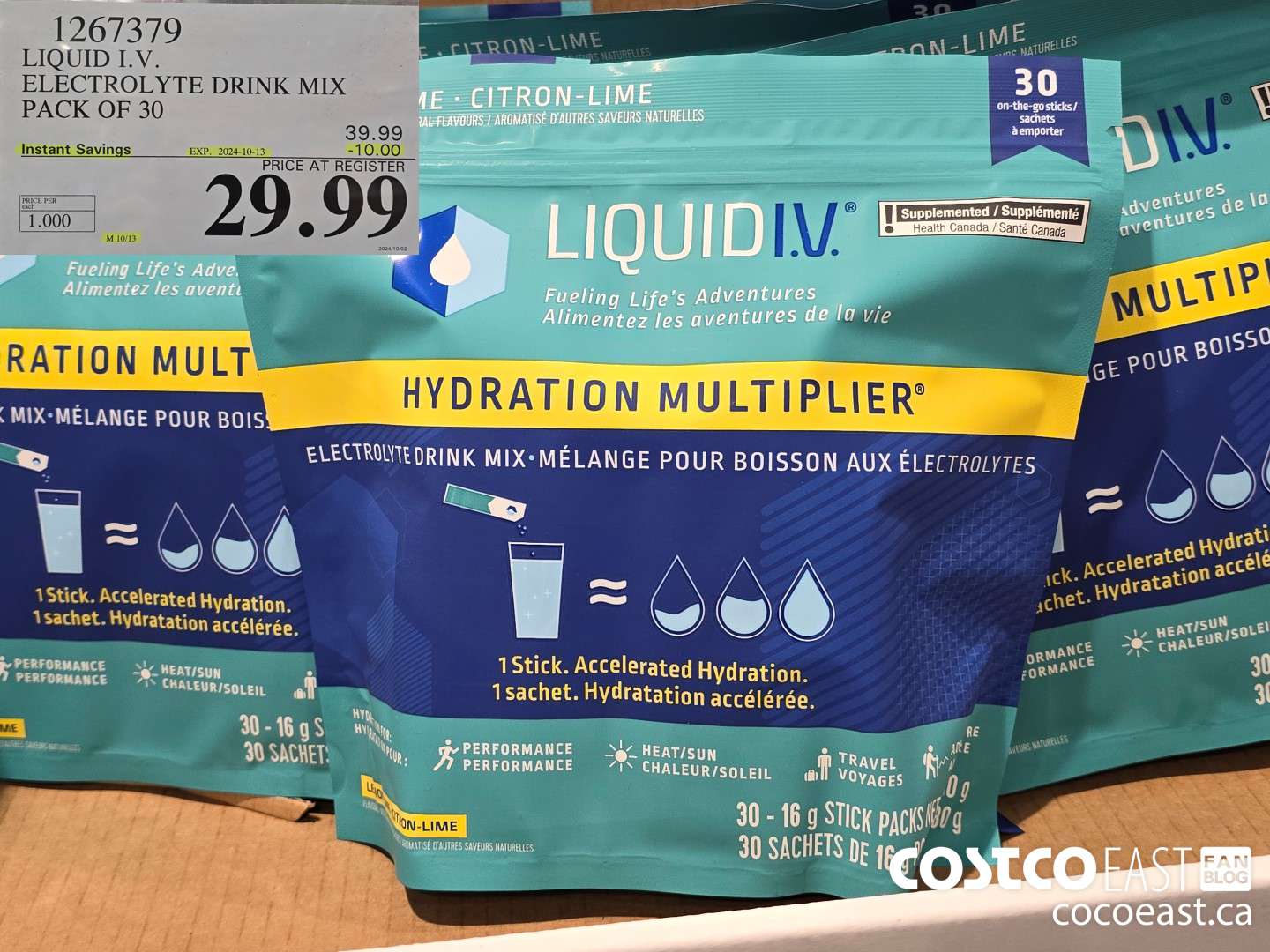1267379 LIQUID I.V. ELECTROLYTE DRINK MIX PACK OF 30 ($10.00 INSTANT SAVINGS EXPIRES ON 2024-10-13) $29.99