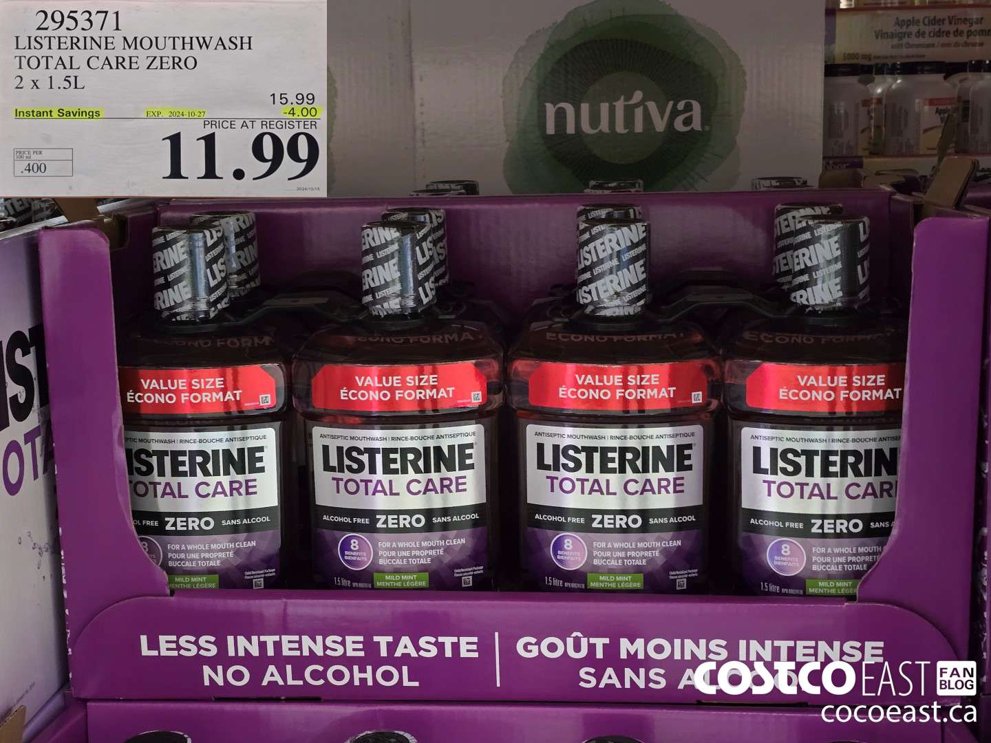 295371 LISTERINE MOUTHWASH TOTAL CARE ZERO 2 X 1.5L ($4.00 INSTANT SAVINGS EXPIRES ON 2024-10-27) $11.99