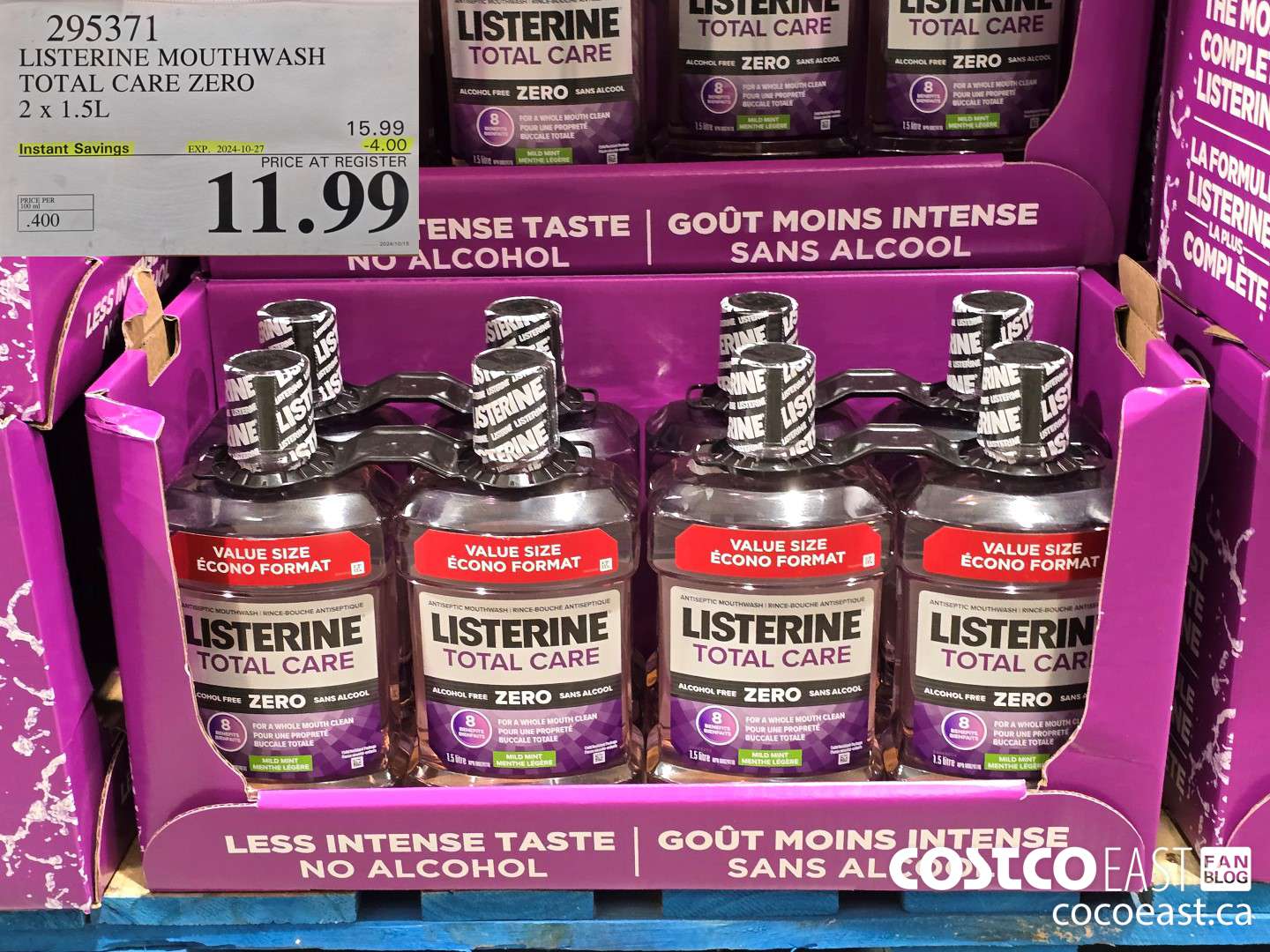 295371 LISTERINE MOUTHWASH TOTAL CARE ZERO 2 X 1.5L ($4.00 INSTANT SAVINGS EXPIRES ON 2024-10-27) $11.99