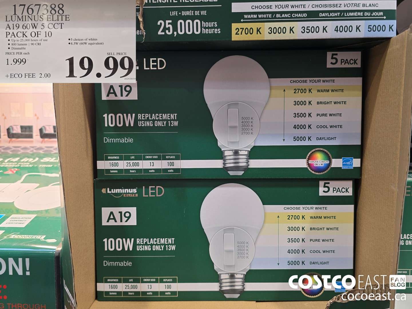 1767388 LUMINUS ELITE A19 60W 5 CCT PACK OF 10 $19.99