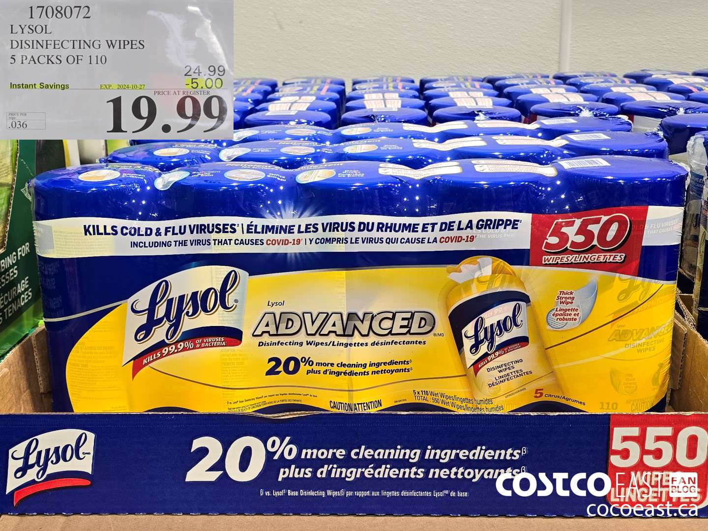 1708072 LYSOL DISINFECTING WIPES 5 PACKS OF 110 ($5.00 INSTANT SAVINGS EXPIRES ON 2024-10-27) $19.99