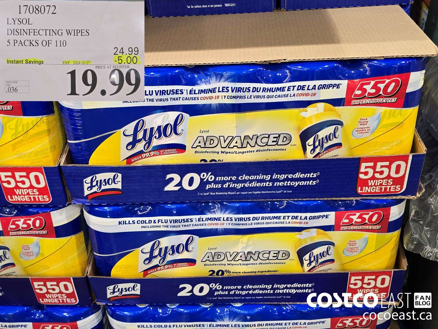 1708072 LYSOL DISINFECTING WIPES 5 PACKS OF 110 ($5.00 INSTANT SAVINGS EXPIRES ON 2024-10-27) $19.99