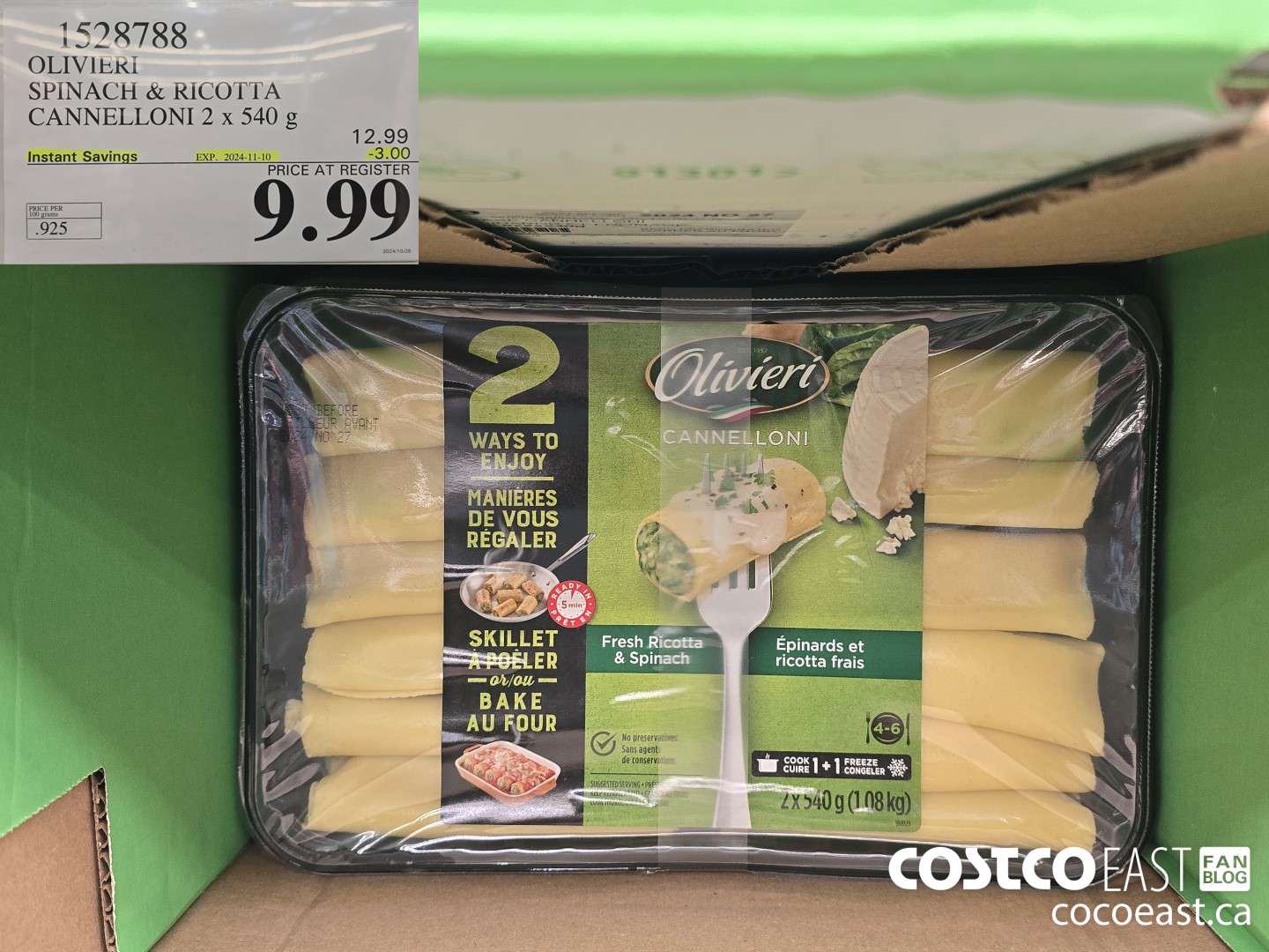 1528788 OLIVIERY SPINACH & RICOTTA CANNELLONI 2 X 540 G ($3.00 INSTANT SAVINGS EXPIRES ON 2024-11-10) $9.99
