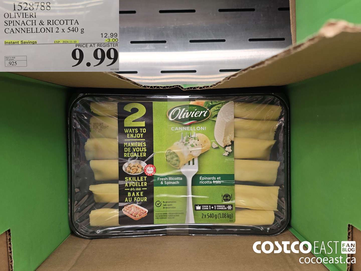 1528788 OLIVIERY SPINACH & RICOTTA CANNELLONI 2 X 540 G ($3.00 INSTANT SAVINGS EXPIRES ON 2024-11-10) $9.99