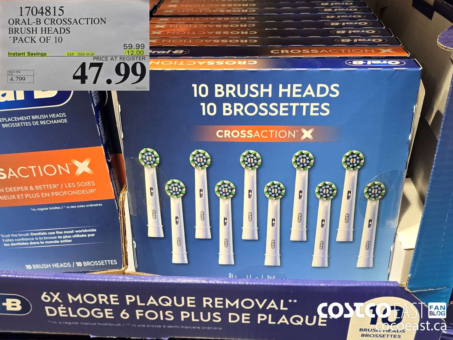 1704815 ORAL-B CROSSACTION BRUSH HEADS PACK OF 10 ($12.00 INSTANT SAVINGS EXPIRES ON 2024-10-20) $47.99