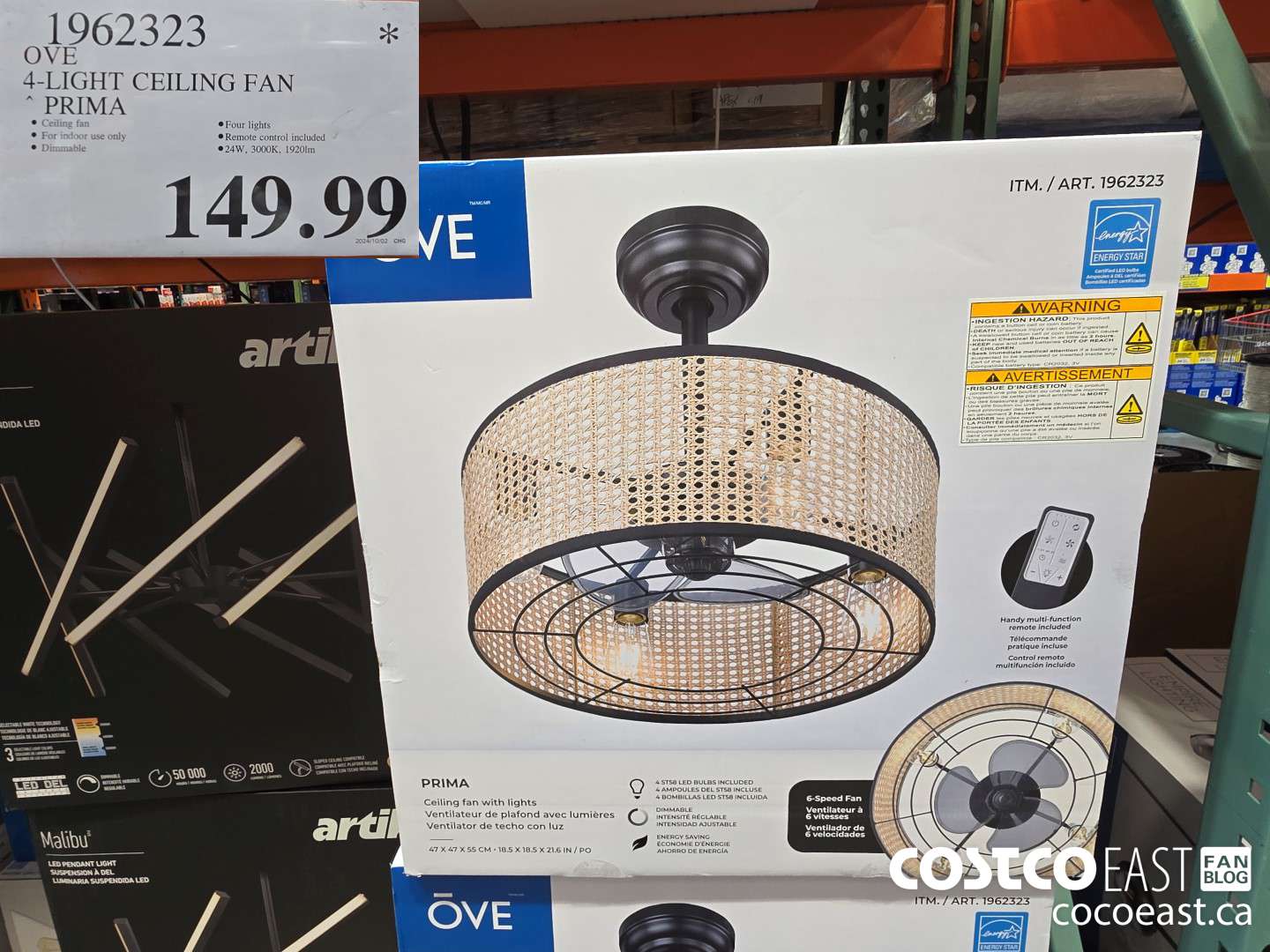 1962323 OVE 4-LIGHT CEILING FAN PRIMA $149.99