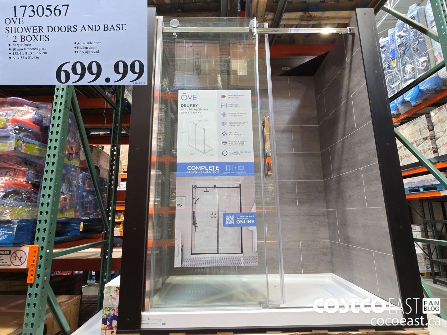 1730567 OVE SHOWER DOORS AND BASE 2 BOXES $699.99