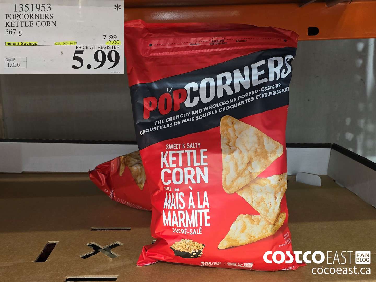 1351953 POPCORNERS KETTLE POPPED CHIPS 567 G ($2.00 INSTANT SAVINGS EXPIRES ON 2024-10-20) $5.99