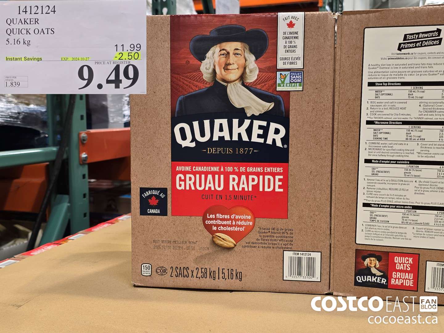 1412124 QUAKER QUICK OATS 5.16 kg ($2.50 INSTANT SAVINGS EXPIRES ON 2024-10-27) $9.49