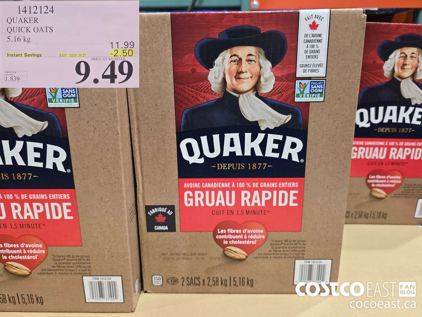 1412124 QUAKER QUICK OATS 5.16 kg ($2.50 INSTANT SAVINGS EXPIRES ON 2024-10-27) $9.49