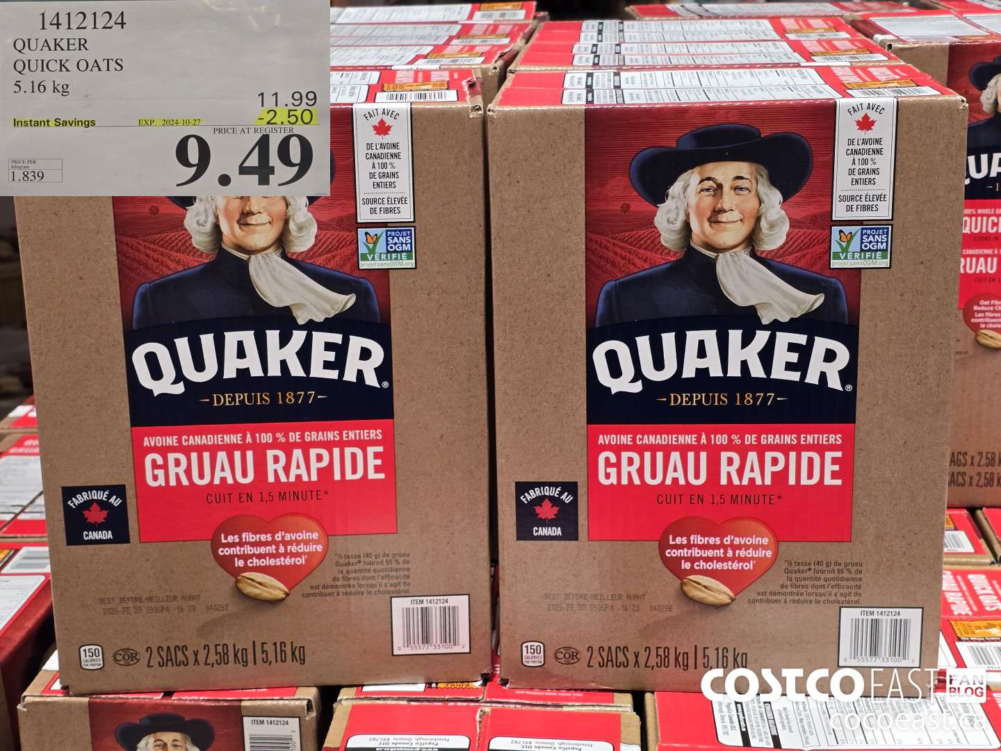 1412124 QUAKER QUICK OATS 5.16 kg ($2.50 INSTANT SAVINGS EXPIRES ON 2024-10-27) $9.49