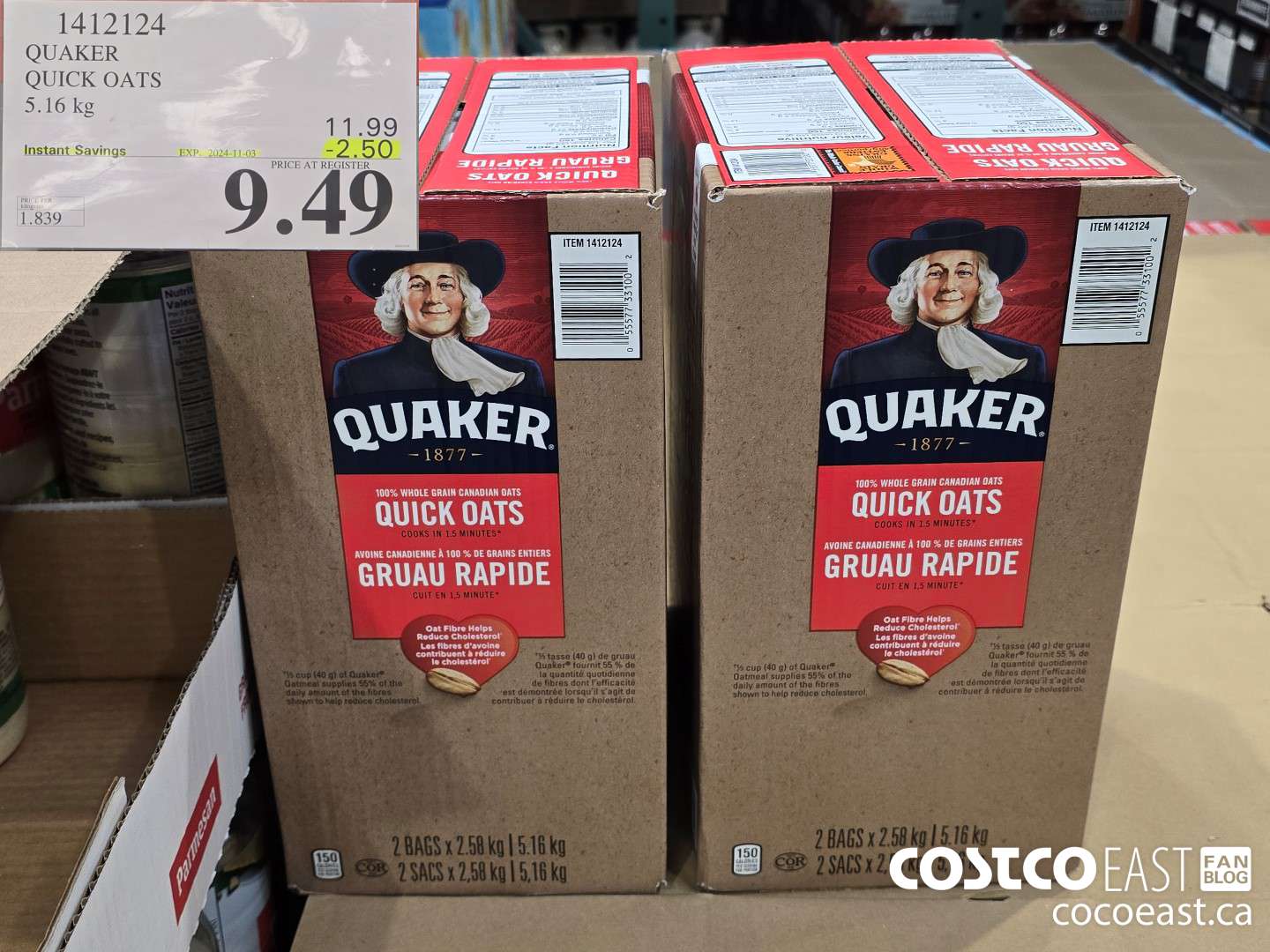 1412124 QUAKER QUICK OATS 5.16 kg ($2.50 INSTANT SAVINGS EXPIRES ON 2024-11-03) $9.49