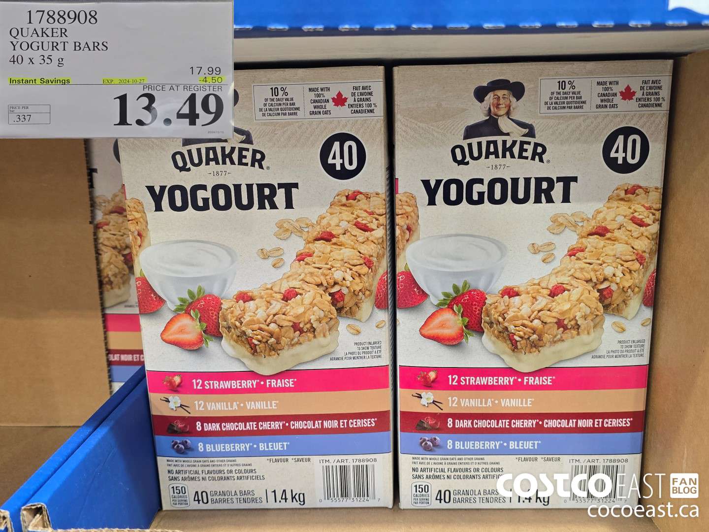 1788908 QUAKER YOGURT BARS 40 x 35g ($4.50 INSTANT SAVINGS EXPIRES ON 2024-10-27) $13.49