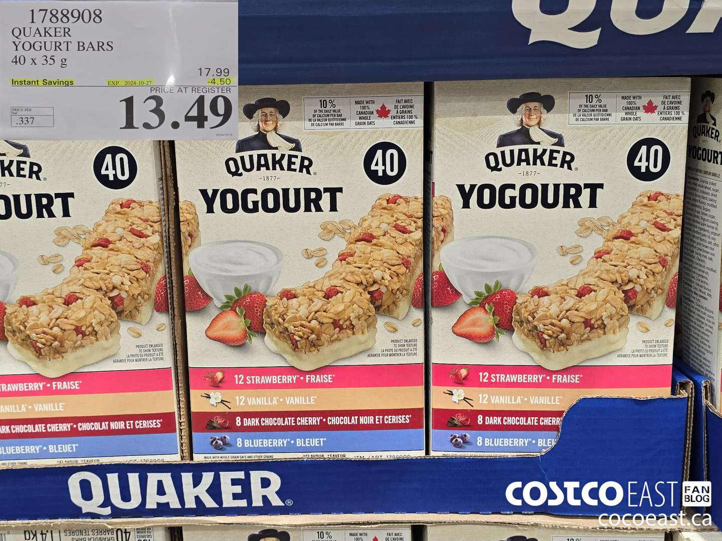 1788908 QUAKER YOGURT BARS 40 x 35g ($4.50 INSTANT SAVINGS EXPIRES ON 2024-10-27) $13.49
