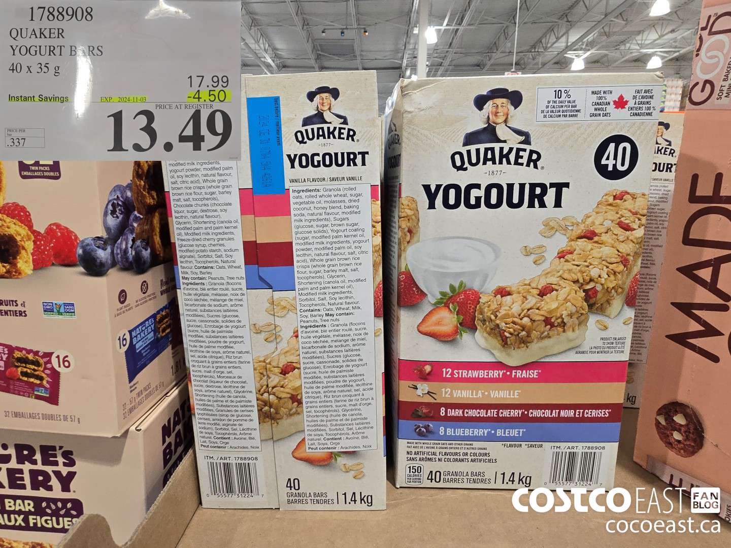 1788908 QUAKER YOGURT BARS 40 x 35g ($4.50 INSTANT SAVINGS EXPIRES ON 2024-11-03) $13.49