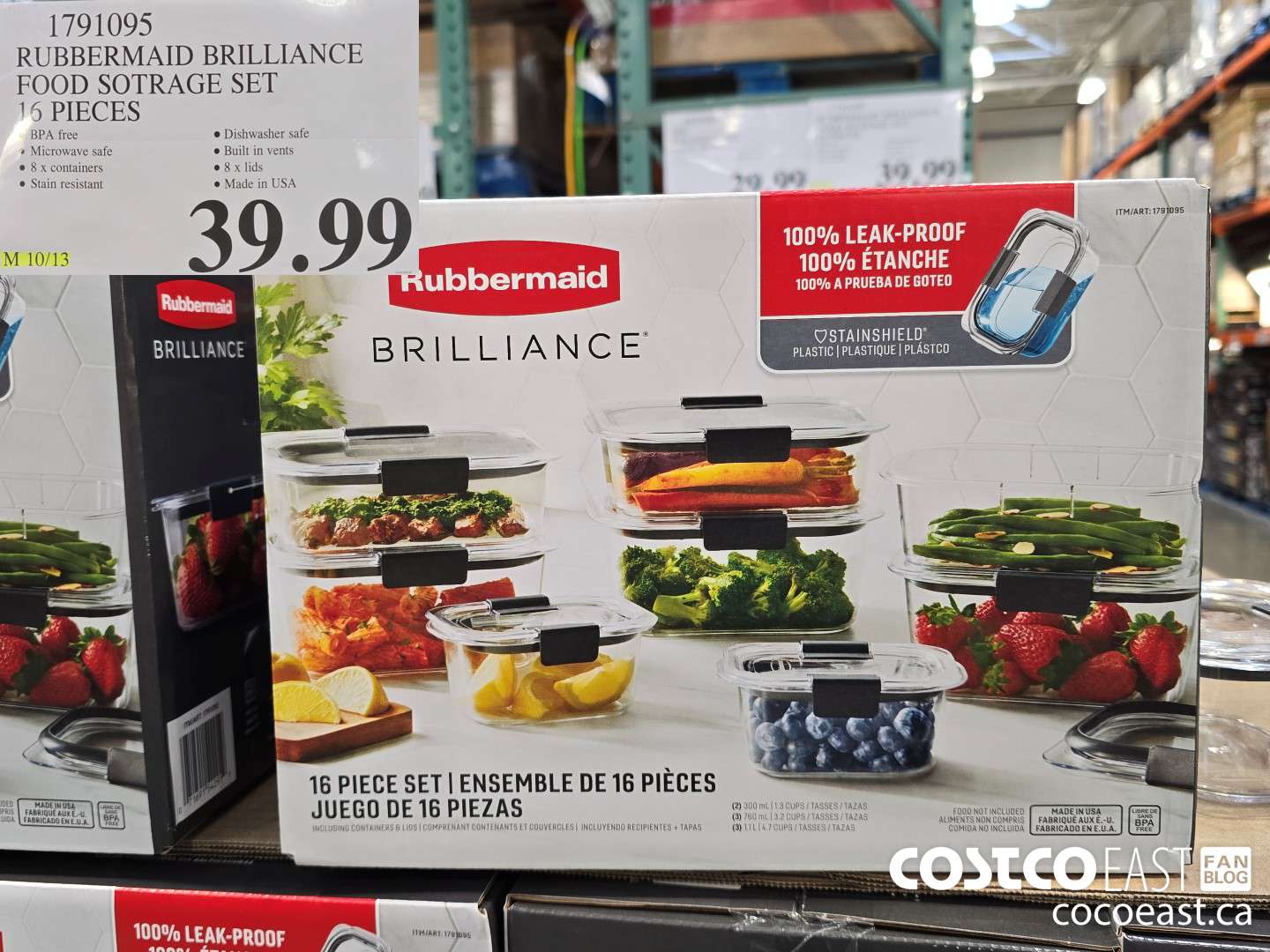 1791095 RUBBERMAID BRILLIANCE FOOD STORAGE SET 19 PIRCES $39.99