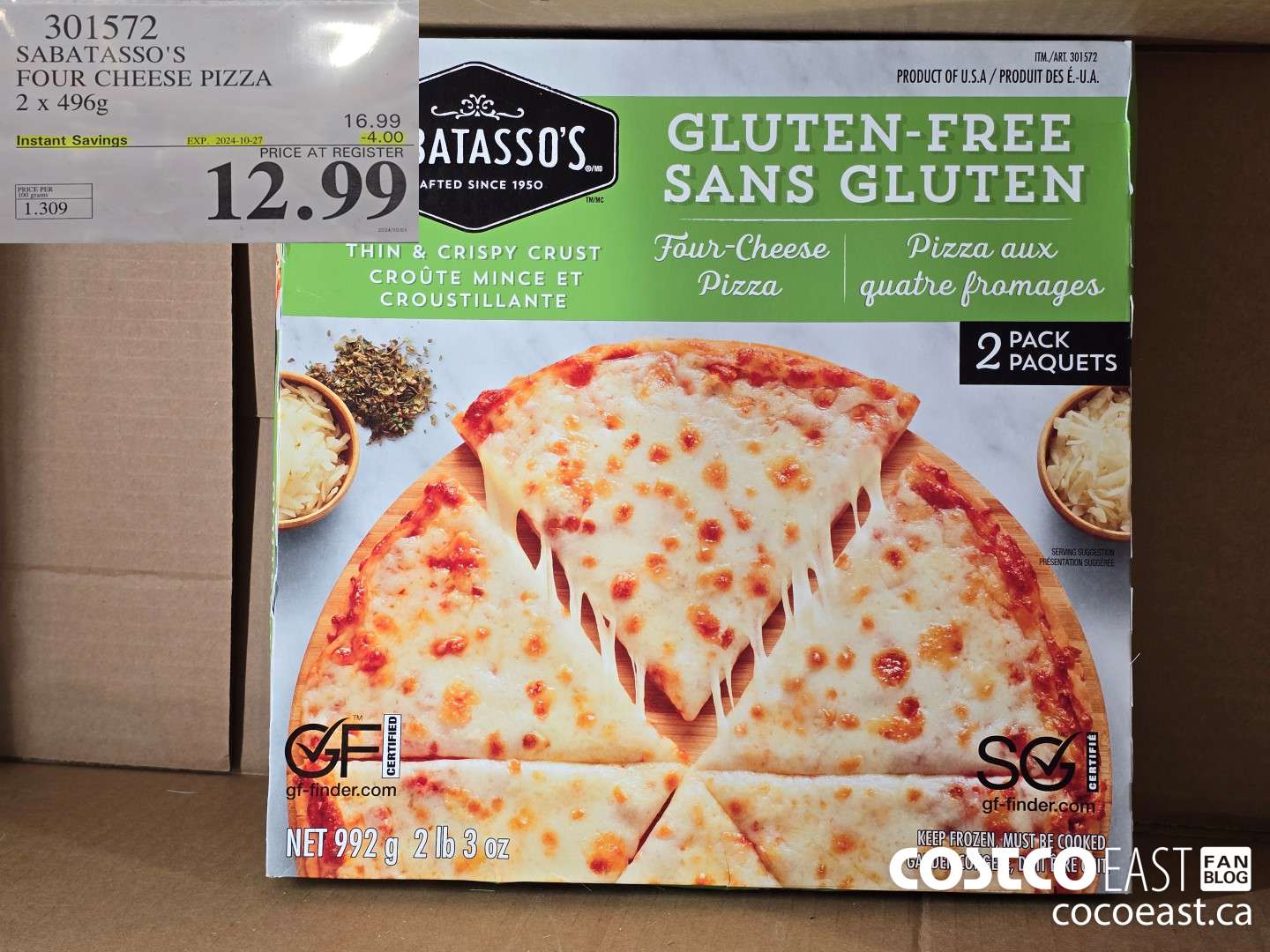 301572 SABATASSO'S FOUR CHEESE PIZZA 2 X 496G ($4.00 INSTANT SAVINGS EXPIRES ON 2024-10-27) $12.99